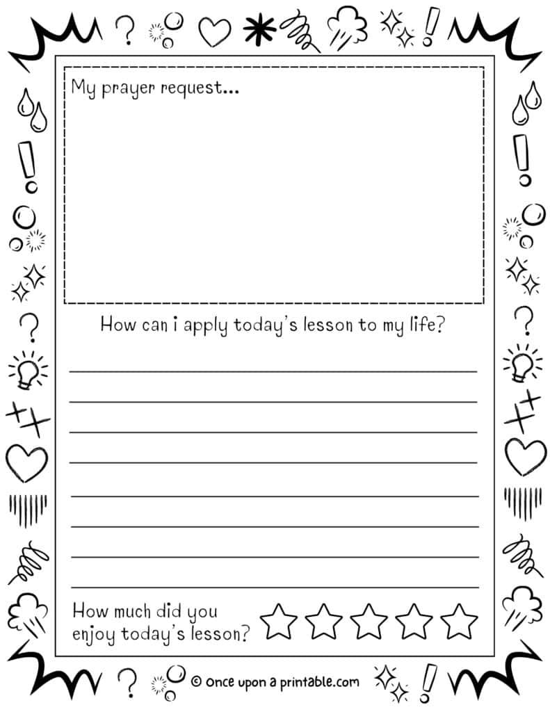Simple engaging sermon notes for kids coloring pages with prompts and doodles.
