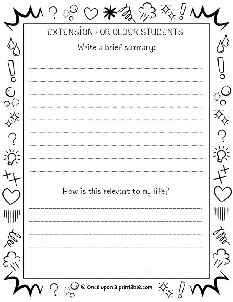Simple engaging sermon notes for kids coloring pages with prompts and doodles.