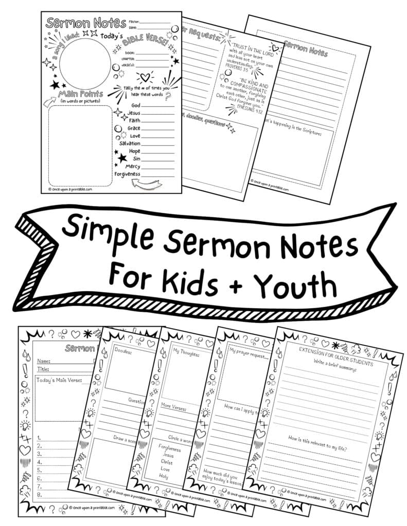Simple engaging sermon notes for kids coloring pages with prompts and doodles.