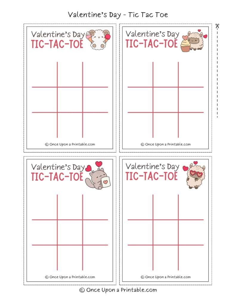 Valentine's day tick tac toe cards with kawaii style graphics of little animals and hearts.