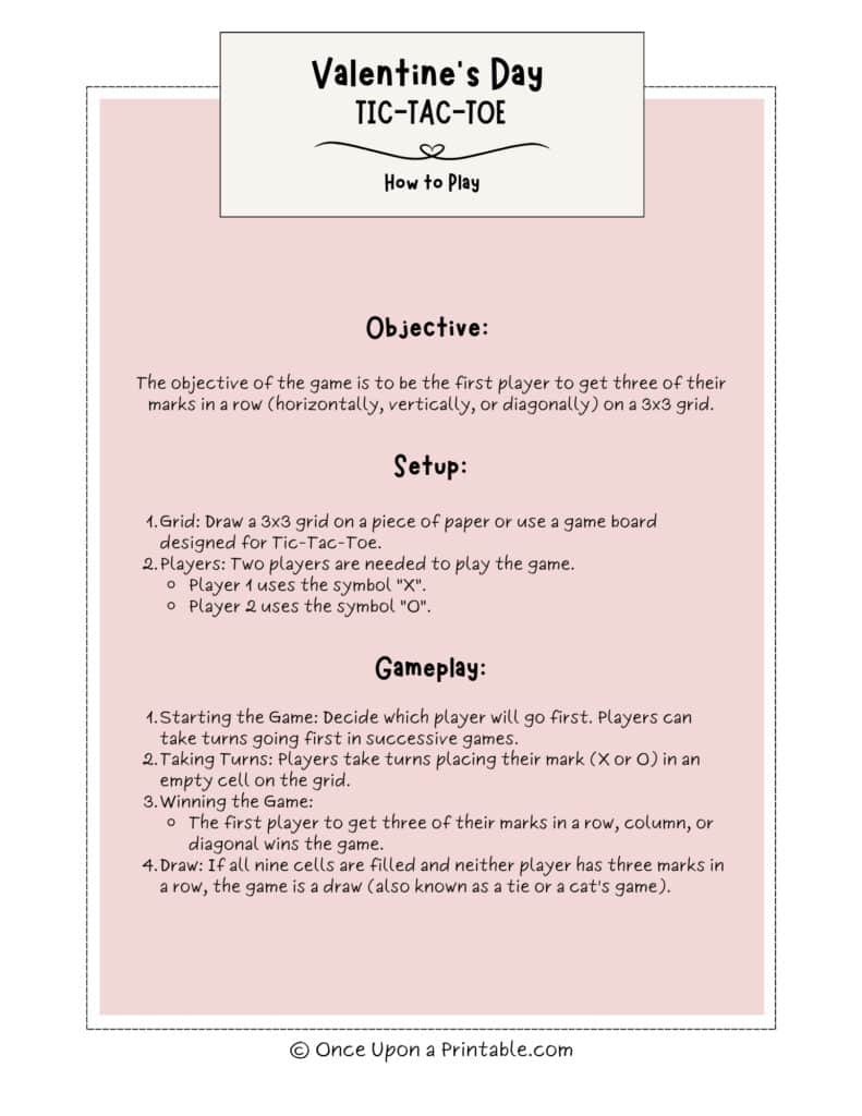 Valentine's day tic tac toe directions and tips.