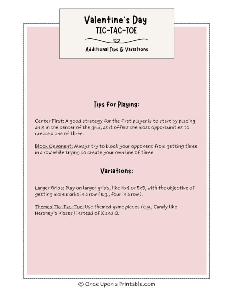 Valentine's day tic tac toe directions and tips.