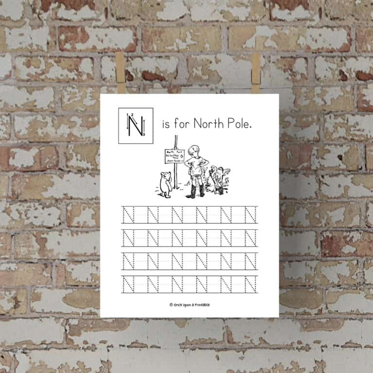 Classic Winnie the Pooh word and letter tracing worksheets, letter 'N' laying on a brick background.