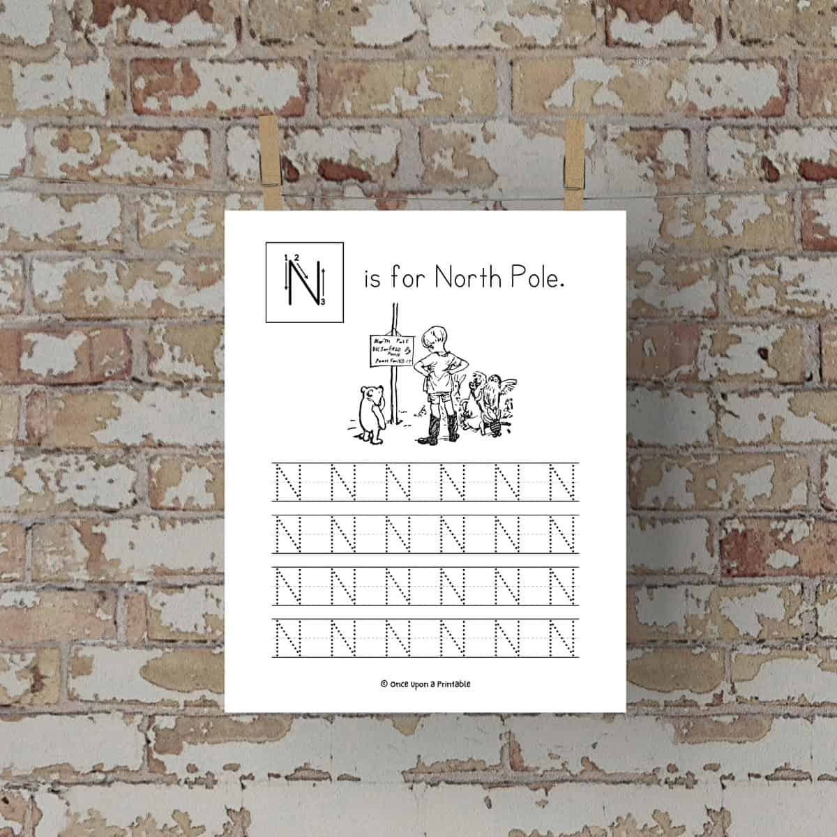 Classic Winnie the Pooh word and letter tracing worksheets, letter 'N' laying on a brick background.