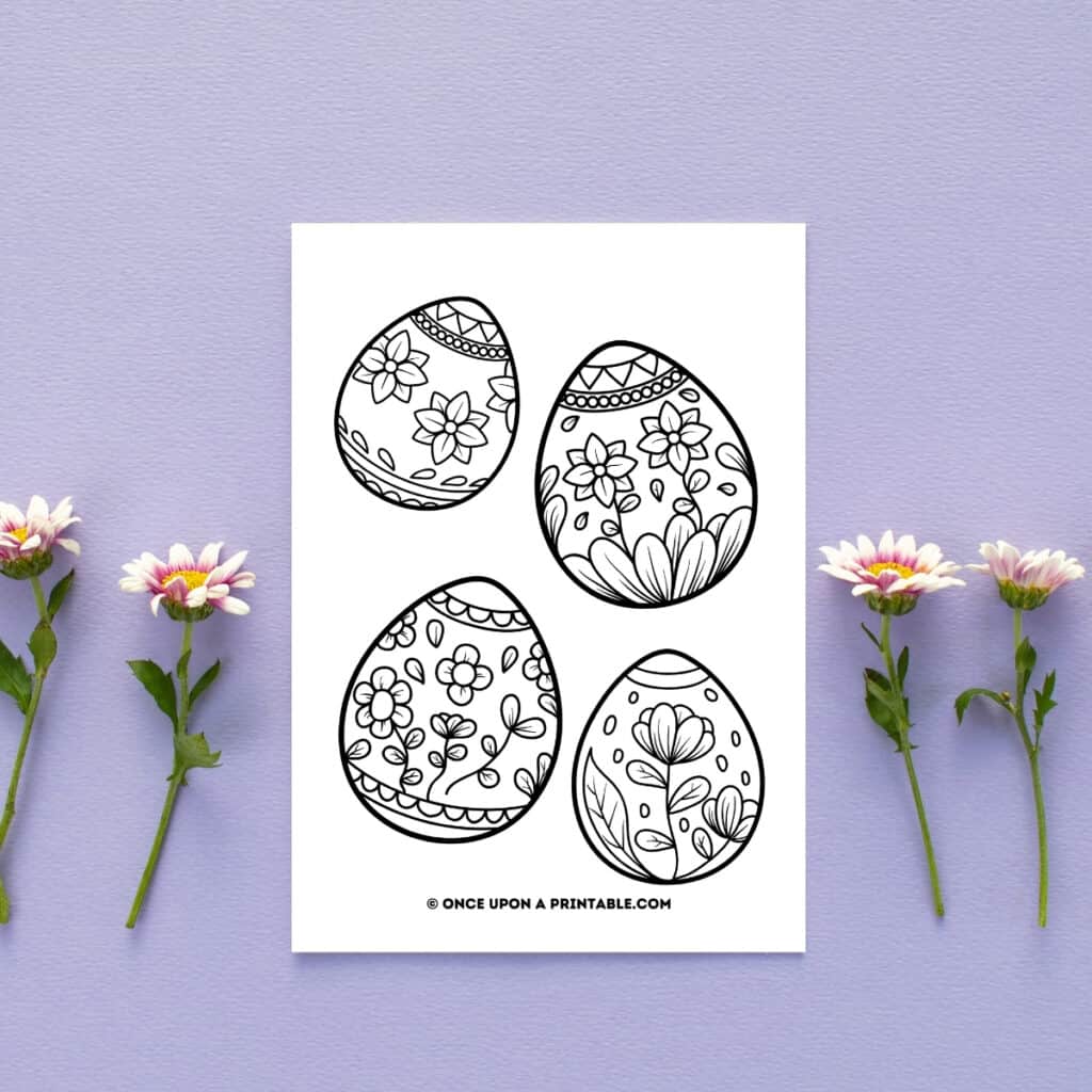 Free printable Easter coloring pages round up post, a coloring page with four beautiful easter eggs for coloring sitting by daisies.