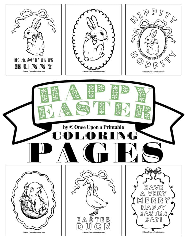 Happy Easter coloring pages with bunnies, ducks, eggs, and an Easter hare.
