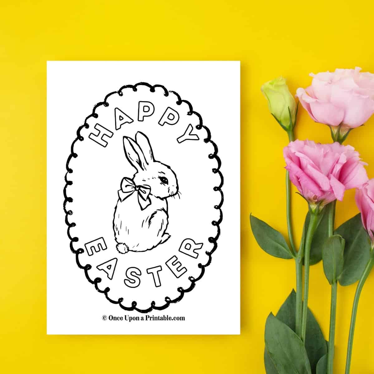 Happy Easter coloring pages for kids and adults featuring whimsical bunny with a squiggly frame "happy easter" next to roses.