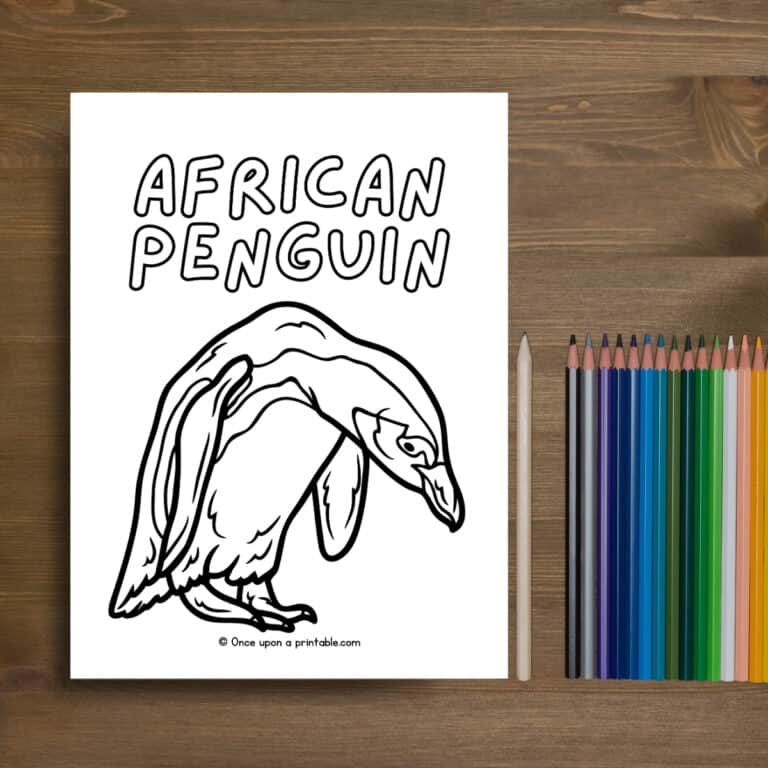 African penguin coloring page laying on a wooden table with coloring pencils.