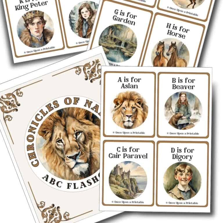 The Chronicles of narnia ABC Flashcard printables laying together on a white surface.