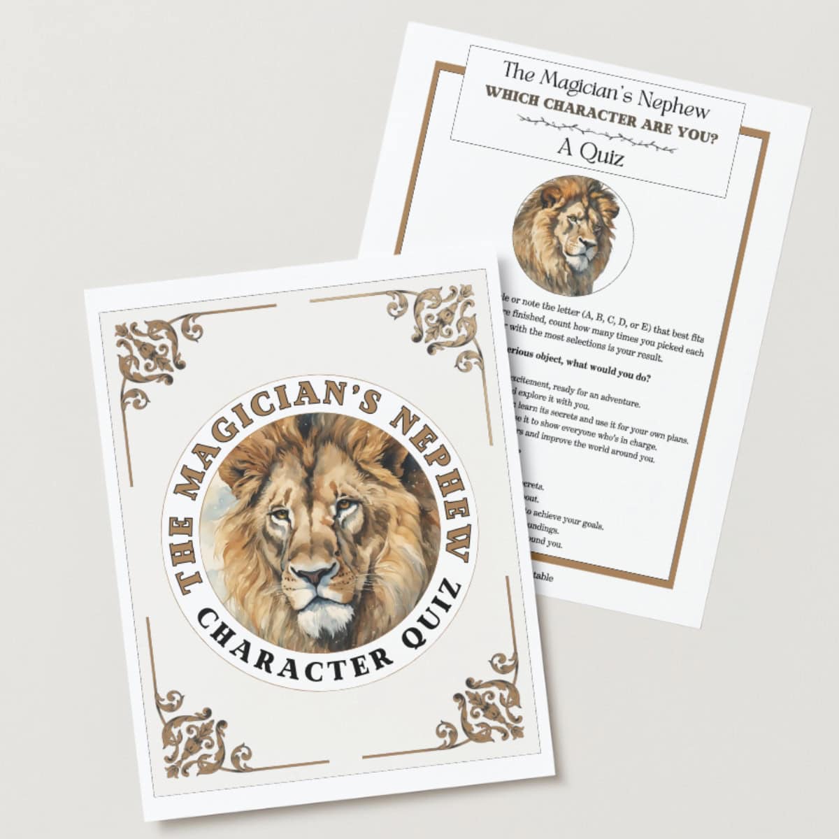 The Chronicles of Narnia, the Magician's Nephew character quiz with Aslan the lions face on the front.