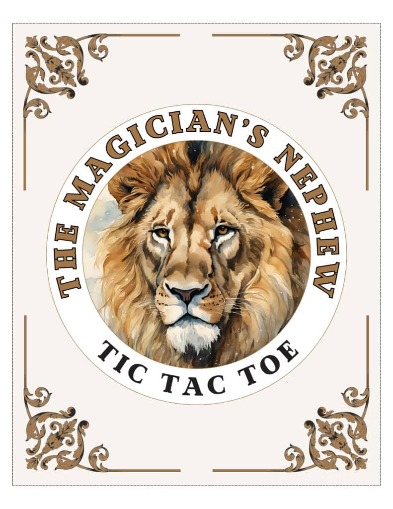 A watercolor graphic of a lion, Aslan, on a cover page for tic tac toe game cards.