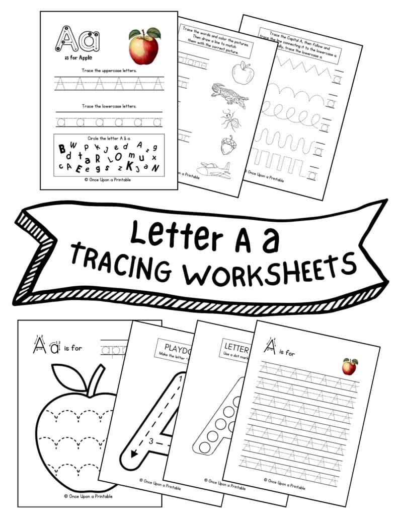 Letter A a tracing worksheet cover page with different pages of activities. 