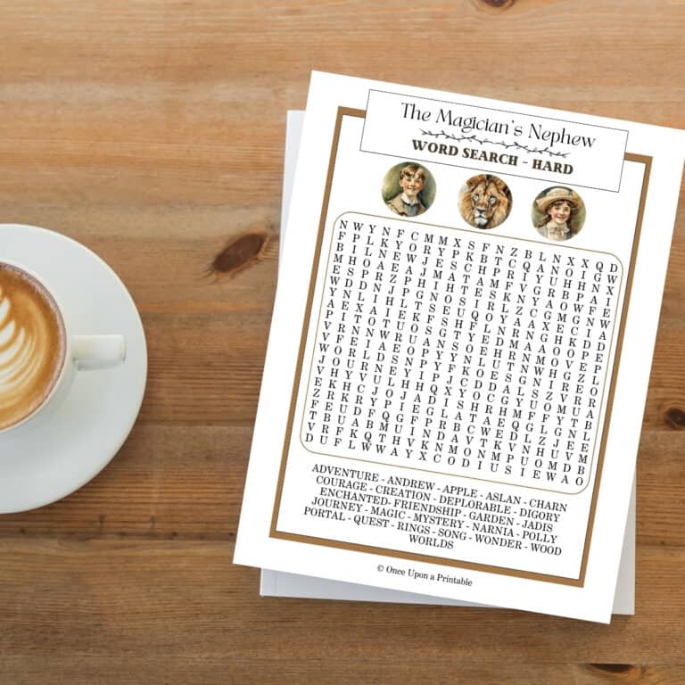 The Magician's Nephew wordsearch hard version on a wooden table by a cup of coffee.