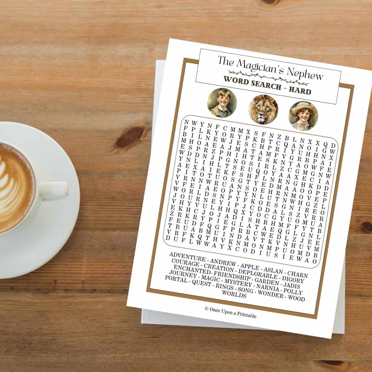 The Magician's Nephew wordsearch hard version on a wooden table by a cup of coffee.