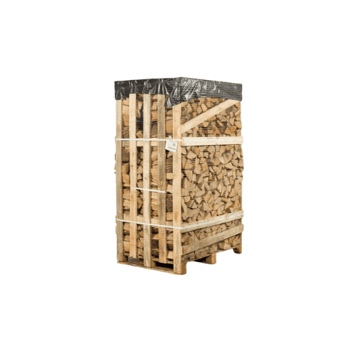 Een jumbopallet ovengedroogd mixhout van Onshout.nl wordt gestapeld en verpakt in zwart plastic, vastgezet met spanbanden, zodat er een nette rechthoek ontstaat, klaar voor transport of opslag.
