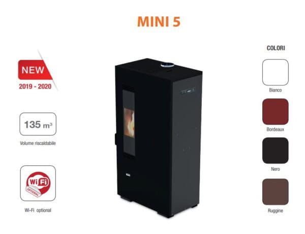 Afbeelding van de Mini 5kw pelletkachel met een strak zwart design, met een verwarmingscapaciteit van 135 m³ en optionele Wi-Fi. Kleuropties: Bianco, Bordeaux, Nero en Ruggine. De tekst "NIEUW 2019-2020" benadrukt het nieuwste model.