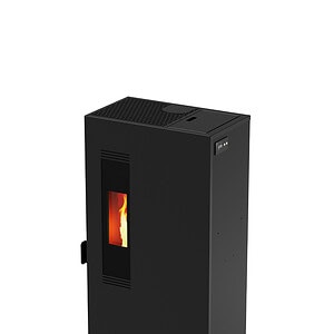De Mini 5kw pelletkachel is een zwarte, rechthoekige pelletkachel met een glazen voorkant met warme vlammen. Het heeft een strak, modern design en bevat een klein bedieningspaneel aan de zijkant.