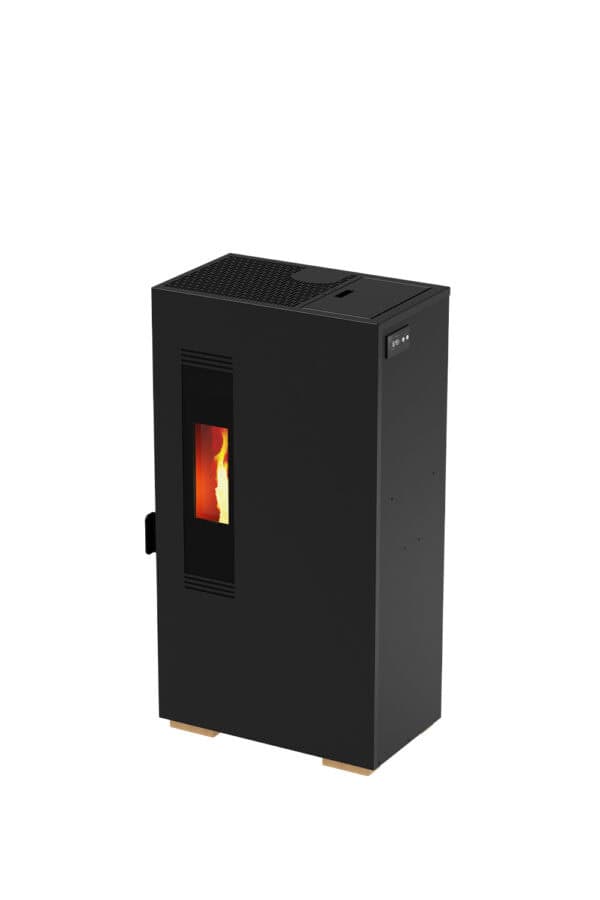 De Mini 5kw pelletkachel is een zwarte, rechthoekige pelletkachel met een glazen voorkant met warme vlammen. Het heeft een strak, modern design en bevat een klein bedieningspaneel aan de zijkant.