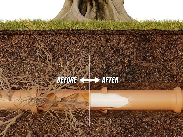 A pipe underground shows a before side blocked by tree roots and an after side where trenchless sewer repair has left the pipe clear and restored. The surface above remains untouched, with grass and a tree.