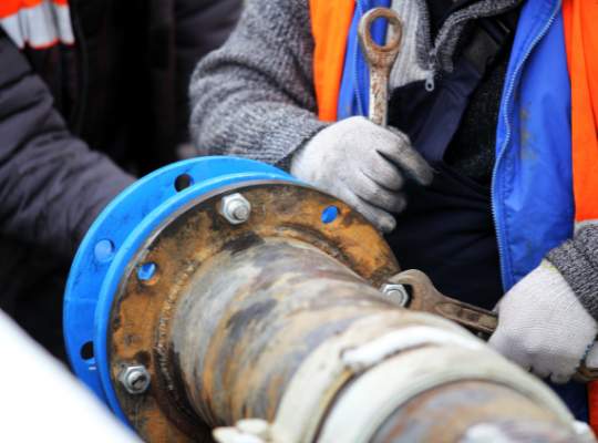 Two workers in gloves and orange safety vests are tightening bolts on a large industrial pipe with a blue flange, showcasing expert pipe services as part of a construction or trenchless sewer repair project.