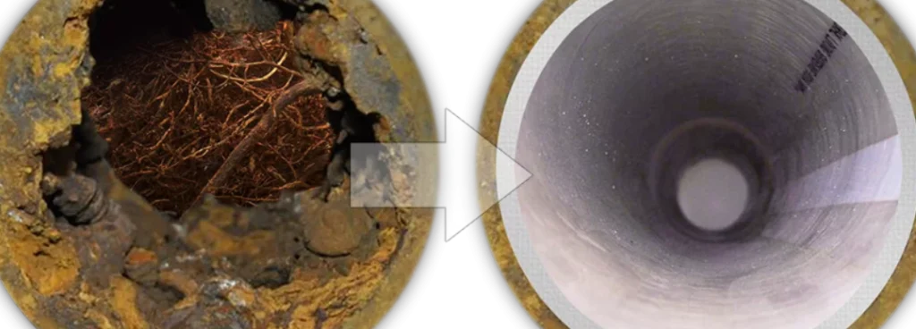 Side-by-side comparison of a pipe: the left side shows a pipe clogged with roots and debris, while the right side shows the same pipe after professional sewer and drain repair. An arrow points from left to right.