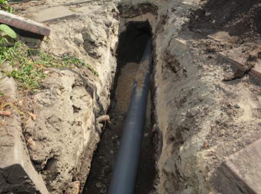 A gray pipe is laid in a narrow trench dug in the ground, surrounded by soil and partially exposed earth, likely for plumbing or sewer and drain repair installation.