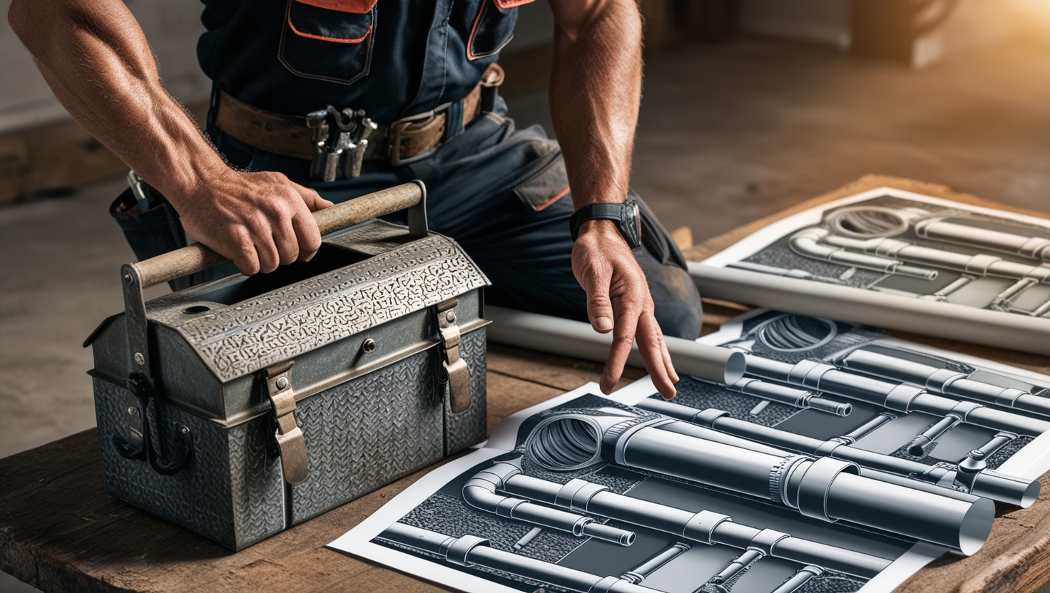 A plumber kneels by a wooden table, holding a metal toolbox and pointing to detailed plumbing blueprints with pipes and fittings, highlighting trenchless sewer repair options on large illustrated sheets.