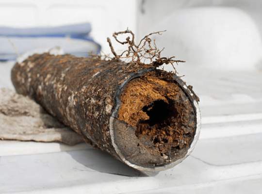 A close-up of a corroded metal pipe clogged with dirt and tree roots, lying on a white surface. The damaged pipe, often needing trenchless sewer repair, is cut open to reveal a large hole and severe blockage inside.