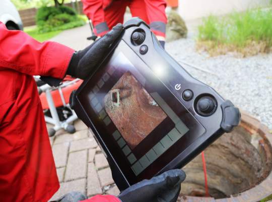 A person in red protective clothing and black gloves holds a tablet displaying a live image from inside a sewer or pipe, inspecting its interior near an open manhole outdoors—essential for effective sewer and drain repair and cleaning and maintenance.