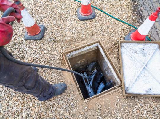 A worker in red gloves feeds a black cable into an open utility access hole, surrounded by traffic cones on a gravel surface—part of essential pipe services and cleaning and maintenance tasks.