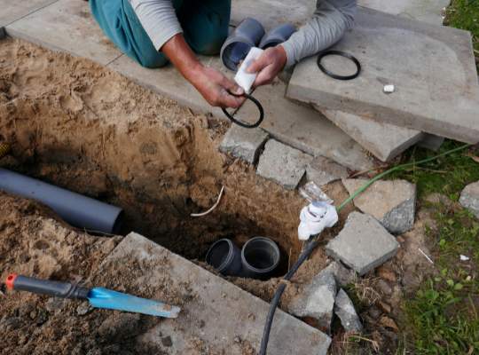 A person kneels by an outdoor trench, preparing plastic pipes and sealing rings for installation—essential steps in professional pipe services. Tools and construction materials are scattered around the work area.