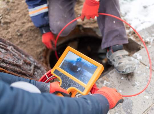 Two workers in red gloves use a camera inspection device to examine a sewer pipe at an outdoor job site. One manages the monitor while the other guides the cable, showcasing expert pipe services and thorough cleaning and maintenance.