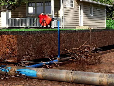 A cross-section illustration shows tree roots infiltrating and blocking an underground sewer pipe beneath a house, with equipment set up on the ground above for professional sewer and drain repair or pipe cleaning and maintenance services.
