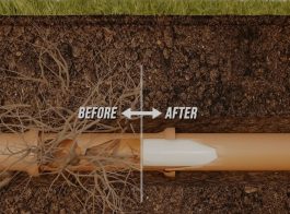 An underground pipe is shown in cross-section. The left side, labeled Before, has cracks and tree roots invading. The right side, labeled After, highlights expert sewer and drain repair with a smooth, damage-free pipe interior.