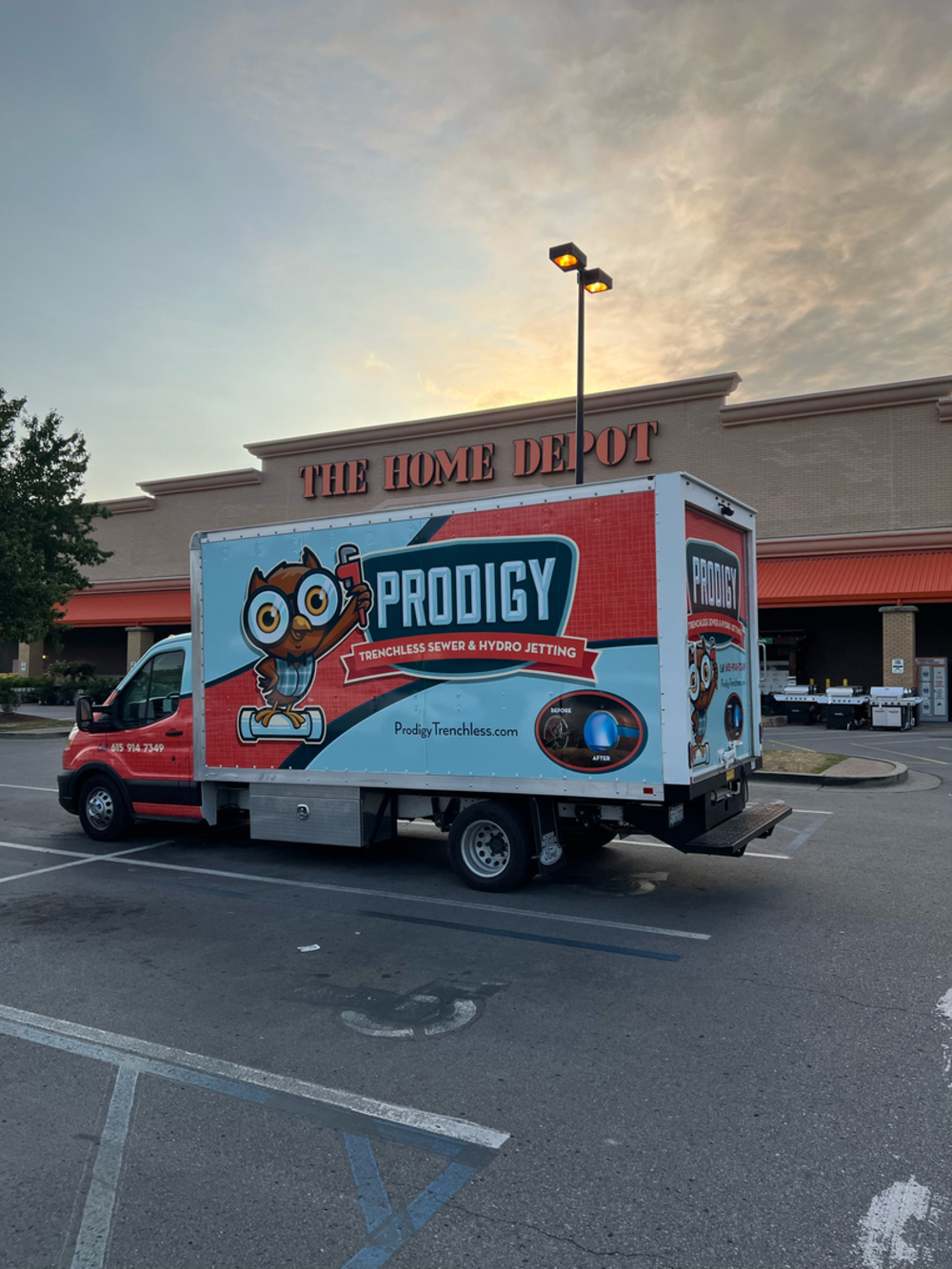 Prodigy Sewer and Drain’s service truck is parked outside The Home Depot, ready to help customers in Smyrna, TN.