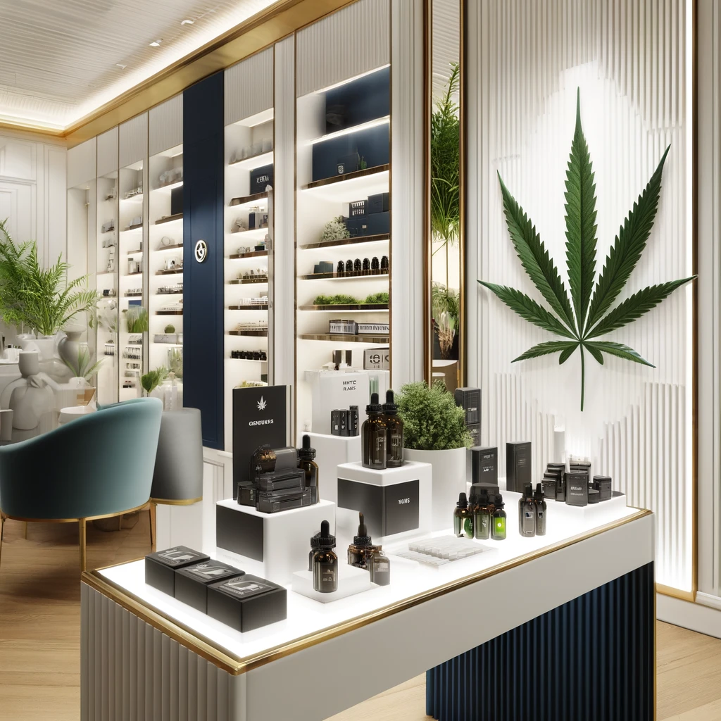 Luksusowa i szczegółowa ekspozycja produktów z CBD w ekskluzywnej aptece, z wyraźnym akcentem na element konopi. Wnętrze jest eleganckie, z minimalistycznym designem w akcentach białym, granatowym i limonkowej zieleni. Półki ozdobione są różnymi produktami z CBD, takimi jak oleje, kapsułki i jadalne, wszystkie prezentowane w wyrafinowanych opakowaniach. Wyraźnie wyeksponowane liście konopi dodają naturalnego akcentu, podkreślając źródło i korzyści płynące z CBD. To połączenie nowoczesnego luksusu z jasnymi wizualnymi wskazówkami związanymi z konopią, przyciągające świadomych i dbających o zdrowie klientów.