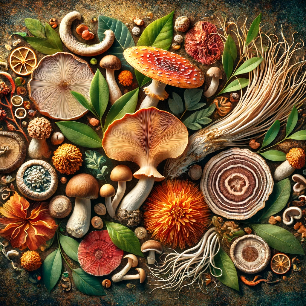 Obrazek przedstawia różnorodne adaptogenne i lecznicze grzyby, takie jak Lion's Mane, Reishi i Cordyceps. Grzyby są artystycznie ułożone na naturalnym, ziemistym tle, które podkreśla ich organiczny charakter. Subtelne elementy, takie jak zielone liście i korzenie, dodatkowo podkreślają ich związek z naturą i zdrowiem. Obrazek emanuje zdrowiem, witalnością i naturalnymi korzyściami płynącymi z tych grzybów.