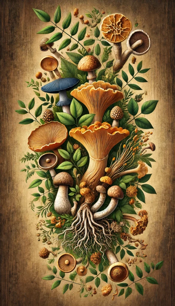 Obrazek przedstawia różnorodne adaptogenne grzyby, takie jak Lion's Mane, Cordyceps i Reishi, ułożone pionowo na naturalnym, ziemistym tle. Elementy takie jak zielone liście i korzenie podkreślają ich organiczny charakter i korzyści zdrowotne. Obrazek emanuje witalnością, korzyściami zdrowotnymi i naturalnym pochodzeniem tych grzybów.