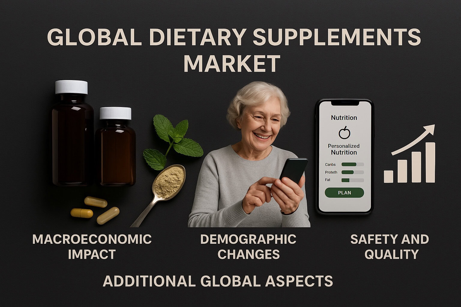 Infografika analityczna pt. „GLOBALNY RYNEK SUPLEMENTÓW DIETY” na ciemnym tle, podzielona na cztery sekcje: wpływ makroekonomiczny, zmiany demograficzne, innowacje technologiczne oraz bezpieczeństwo i jakość. Każda sekcja zawiera odpowiednie ikony i ilustracje – m.in. wykres słupkowy, opakowania suplementów, osobę starszą z telefonem oraz interfejs aplikacji zdrowotnej – podkreślając biznesowy i finansowy charakter globalnej analizy rynku.