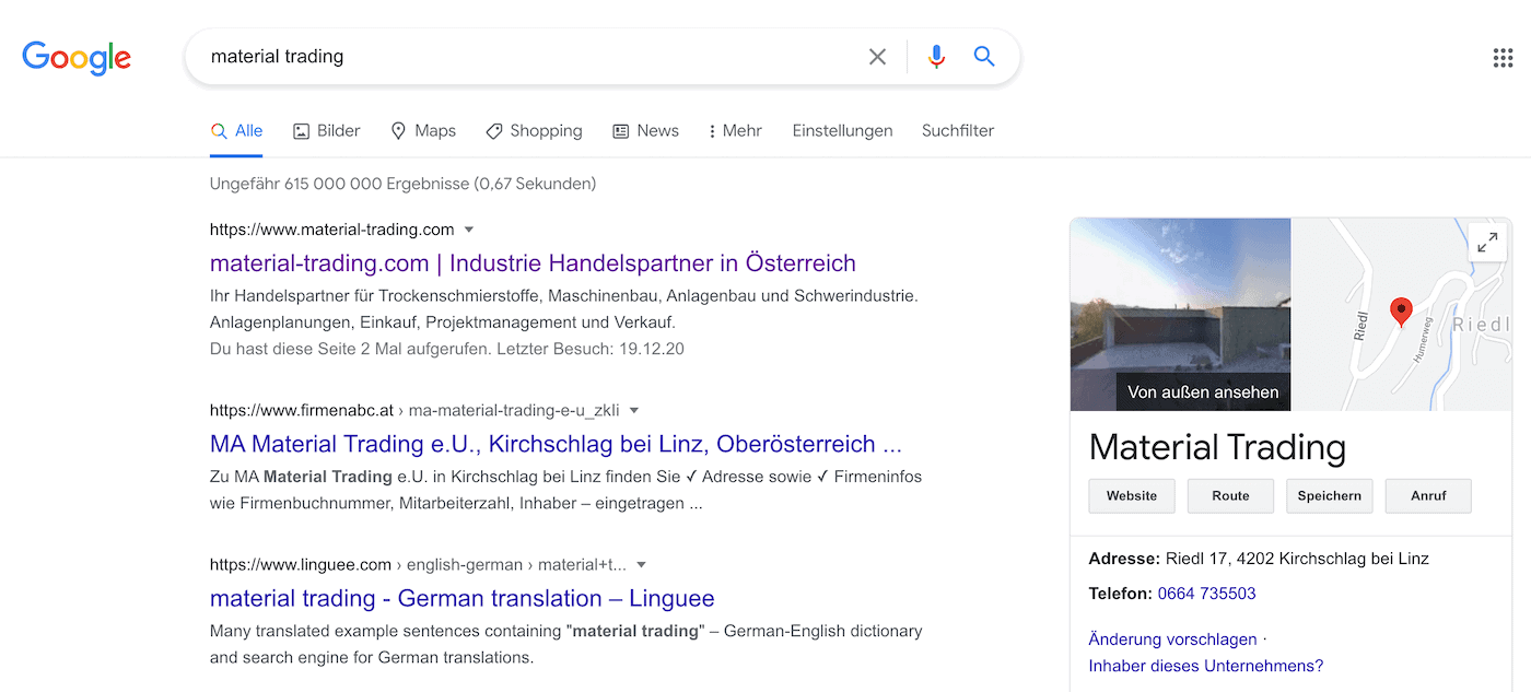 Material Trading Online Business Visitenkarte in der Form einer Onepager Website