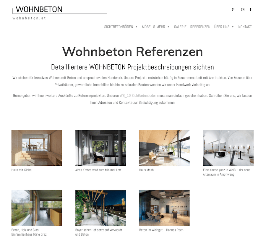 Wohnbeton Referenzen umgesetzt mit Divi Projects von RAABAUKE - Web Design und Suchmaschinenoptimierung von Markus Raab