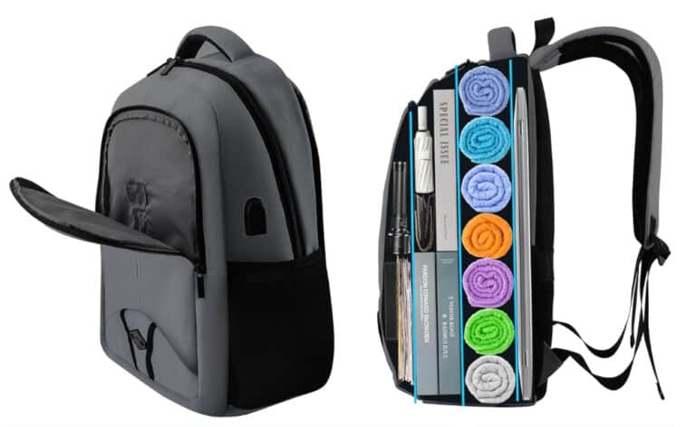 Gray backpack with organized compartments displayed.
