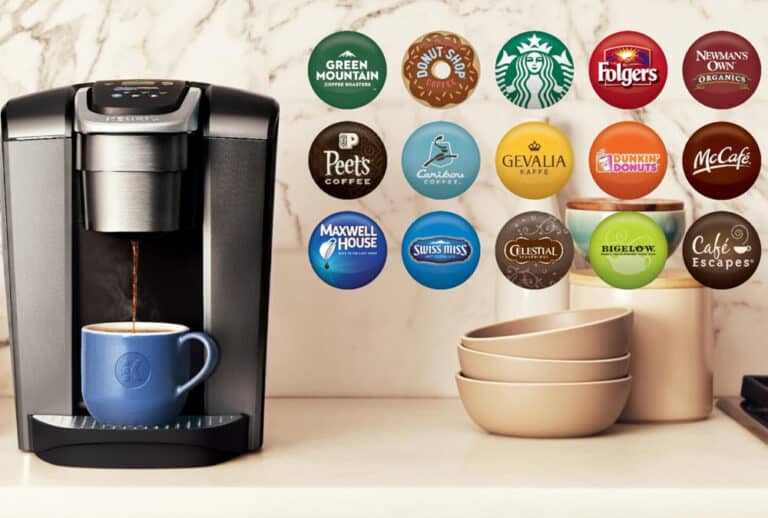 Coffee maker with various brand pods on display.