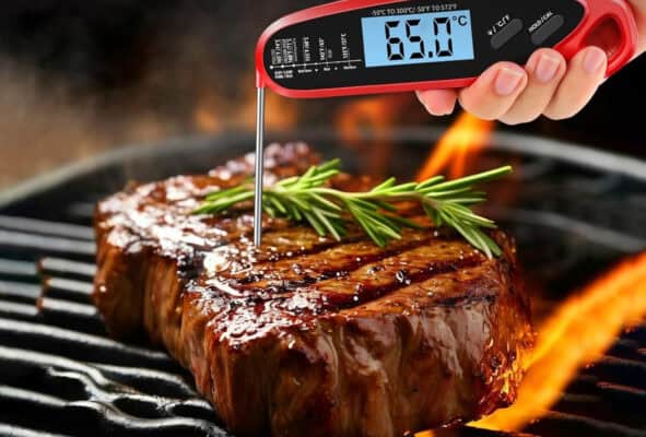 Steak on grill with digital thermometer.