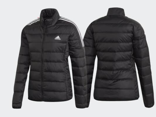 Black puffer jacket, front and back view
