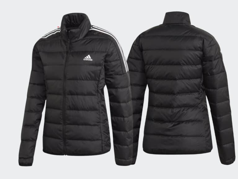 Black puffer jacket, front and back view