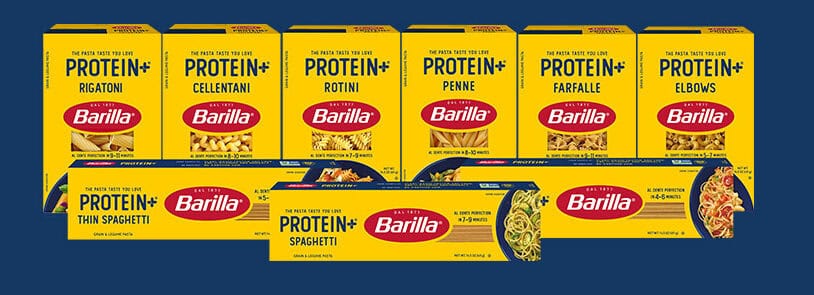 Barilla Protein+ pasta variety packaging on display.