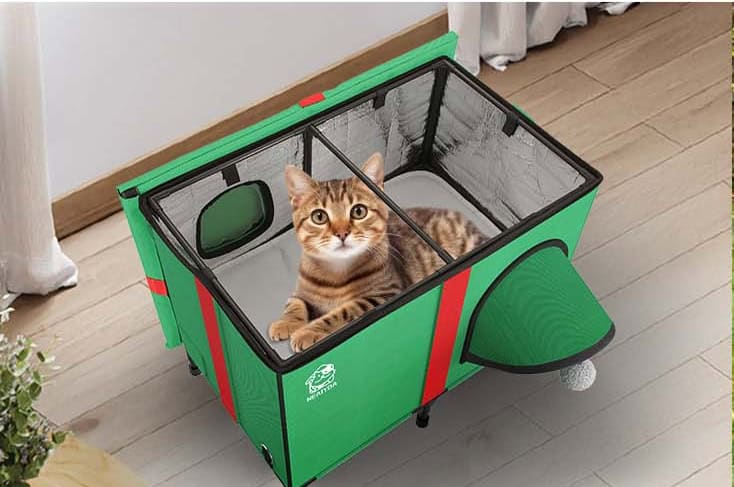 Cat in green pet carrier on wooden floor