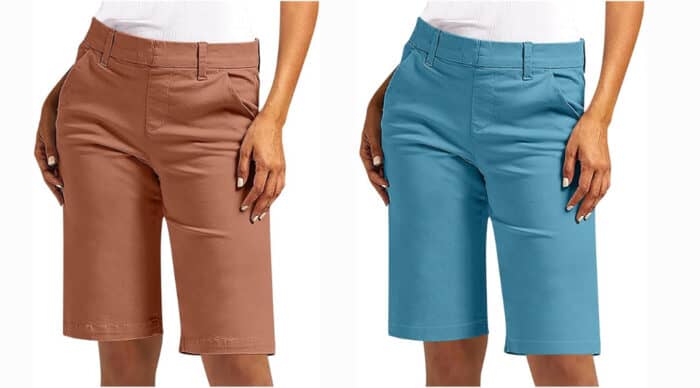 Women's knee-length shorts in brown and blue.