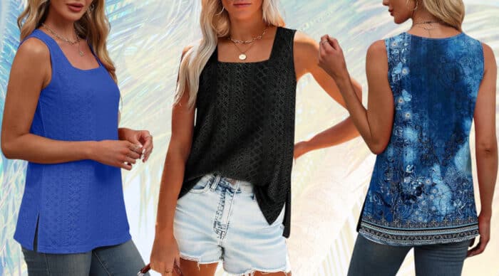 Three sleeveless women’s tops in various colors.